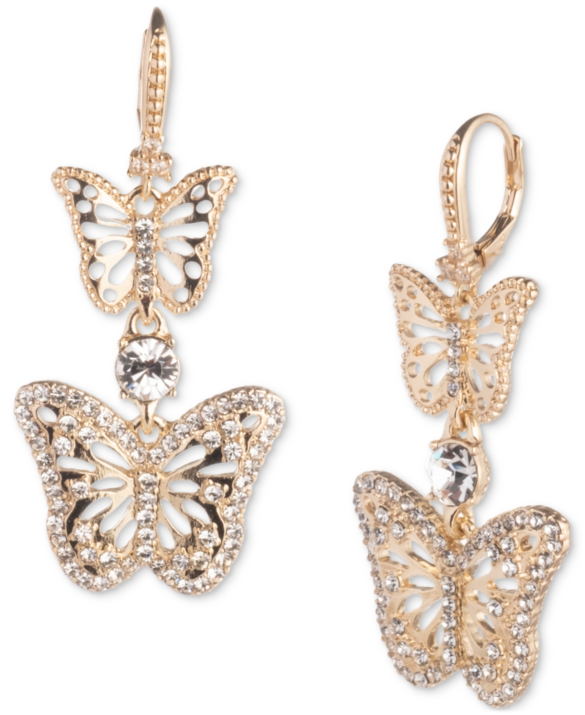 Shop Marchesa Gold-tone Crystal Butterfly Double Drop Earrings In Crystal Wh