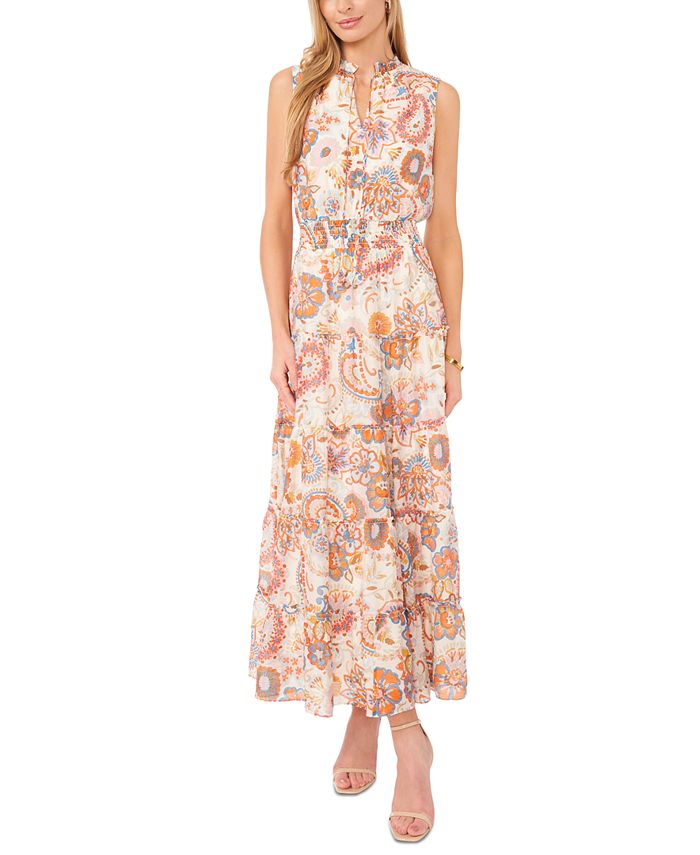 msk sleeveless tie neck tiered maxi dress