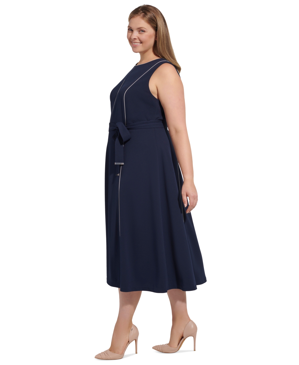 Shop Dkny Plus Size Gored Sleeveless Tie-waist Midi Dress In Navy,cream