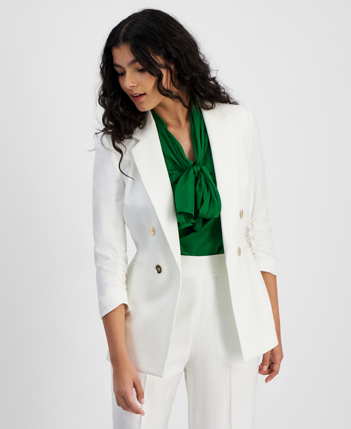 Bar Iii Women's Faux Double-breasted Linen-blend Ruched-sleeve Blazer, Created For Macy's In Bar White