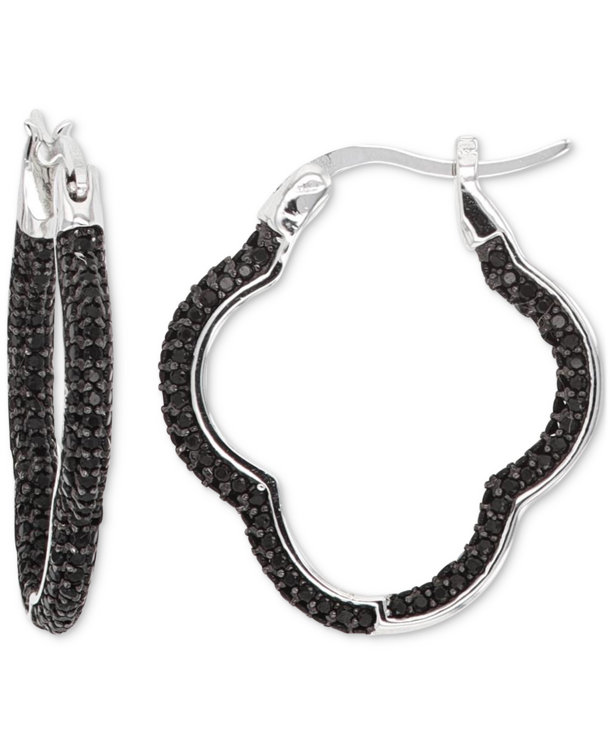 Shop Macy's Black Spinel Clover Small Hoop Earrings (1-3/4 Ct. T.w.) In Sterling Silver, 1"