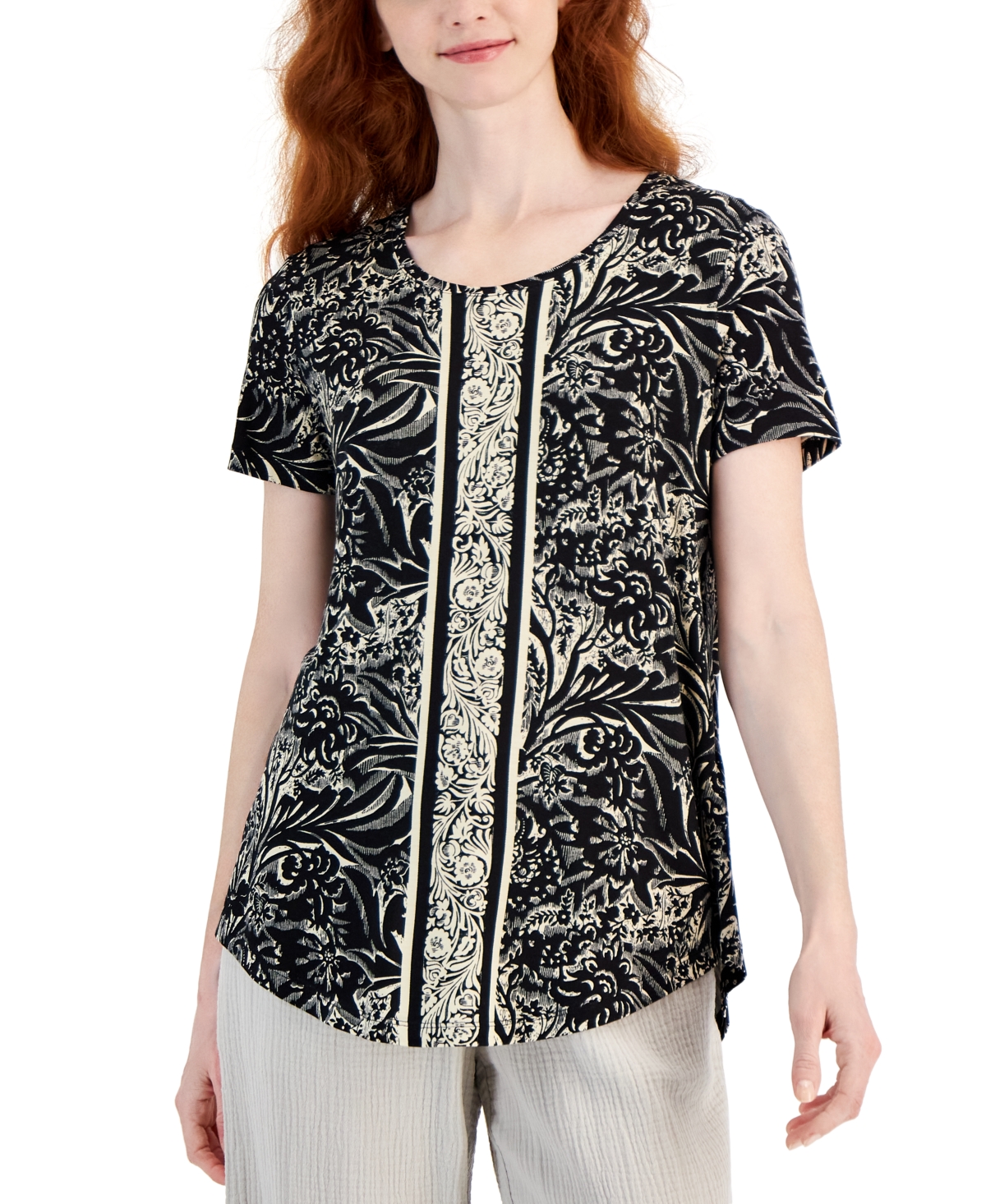 Jm Collection Women's Printed Knit Short Sleeve Top, Created For Macy's In Deep Black Combo