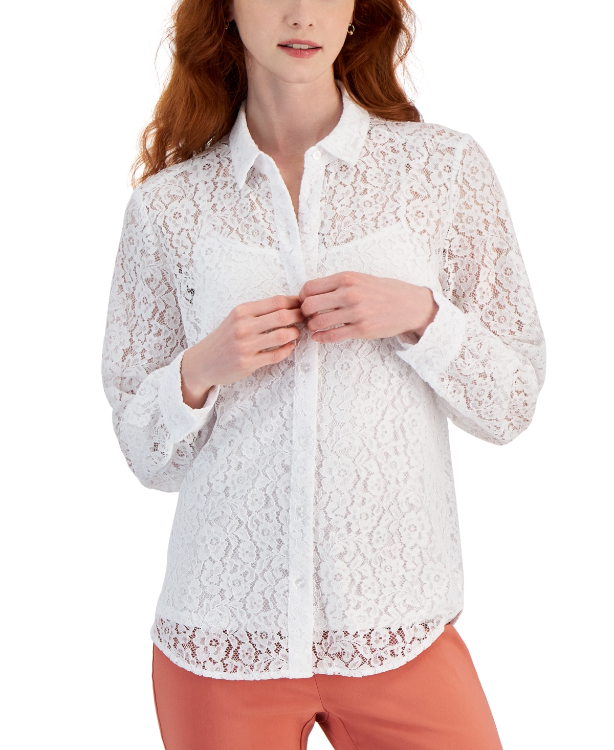 Shop Jm Collection Women's Lace Button-down Long-sleeve Shirt, Created For Macy's In Bright White