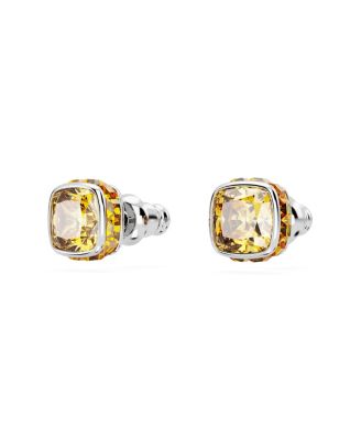 Rhodium Plated Square Cut Color Birthstone Stud Earrings
