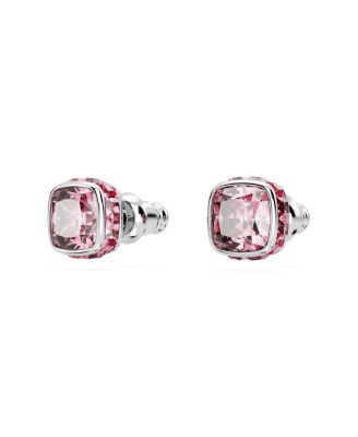Rhodium Plated Square Cut Color Birthstone Stud Earrings