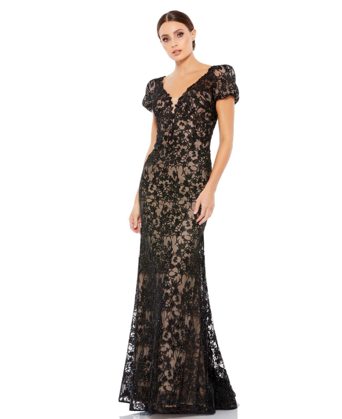 Mac Duggal Lace Plunge Neck Short Puff Sleeve Trumpet Gown In Black Nude