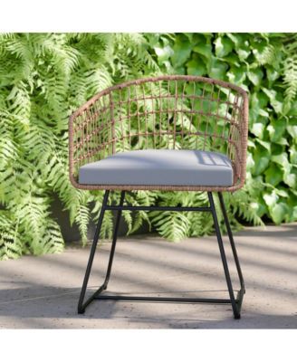 Ari Three Piece All-Weather Rattan Rope Patio Set With Acacia Wood Top Side Table And Two Chairs With Cushions