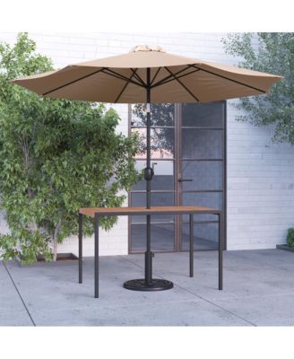 Outdoor Powder Coated Steel Dining Table With Faux Teak Poly Slat Top, 9' Patio Umbrella And Base