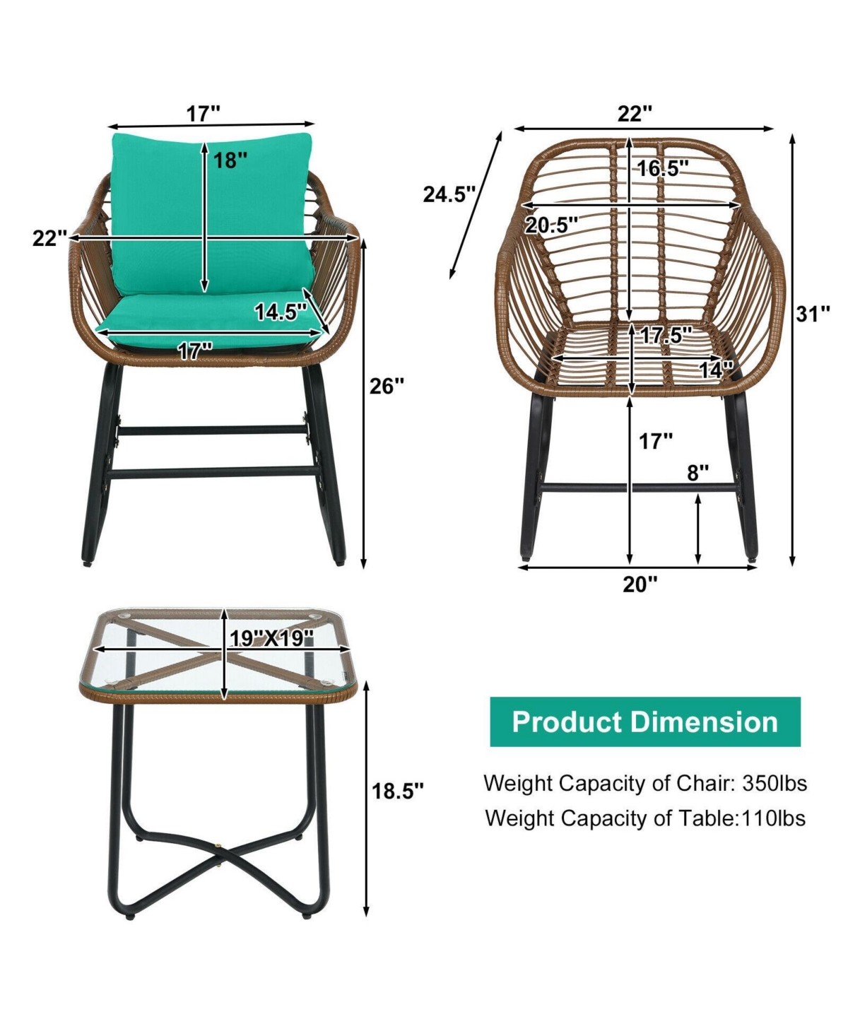 3 Pieces Patio Rattan Bistro Set with Cushions and Glass Table