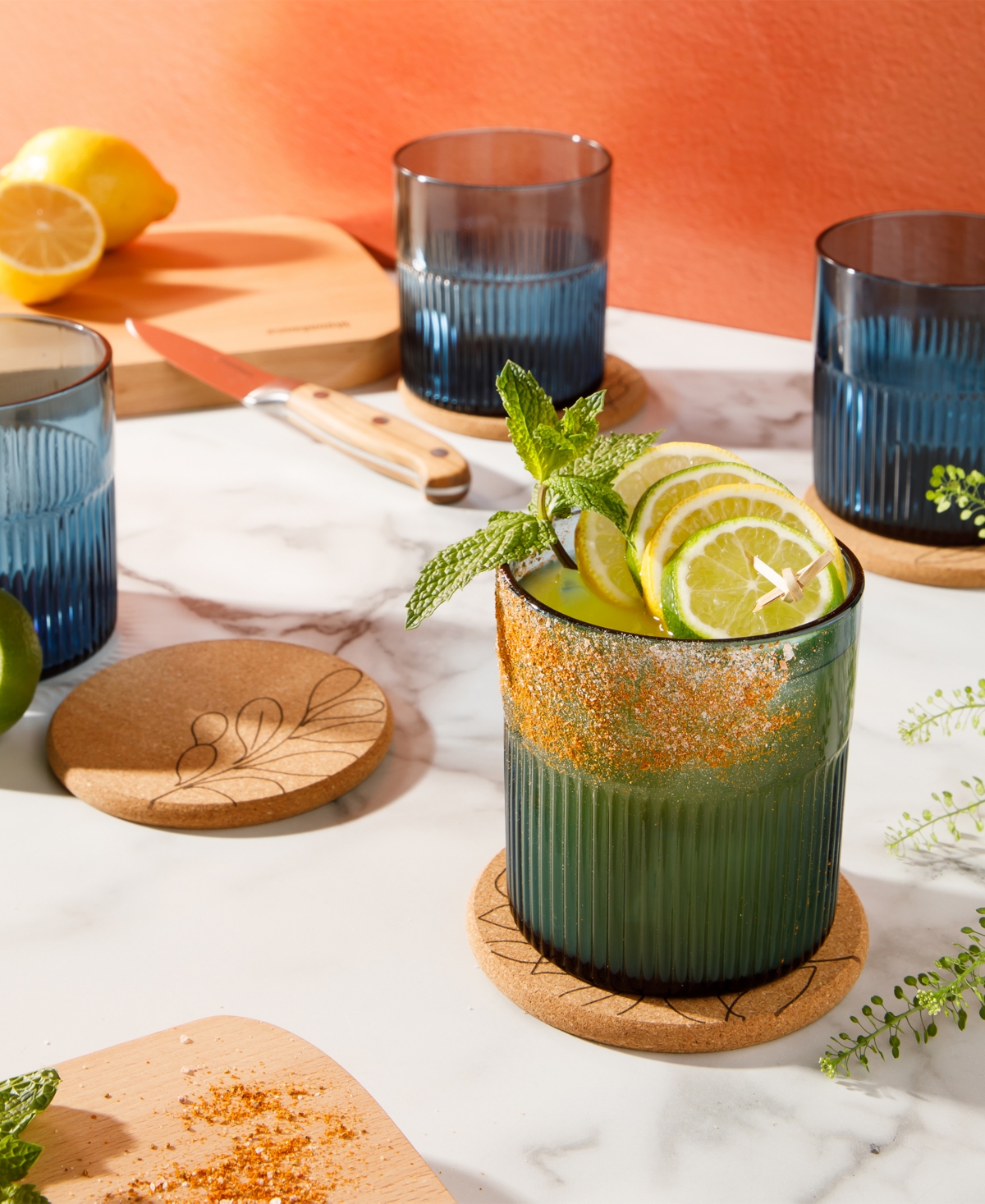 Bloomhouse 8 Pc Handmade Colored Glass 15 oz Coaster Set In Blue