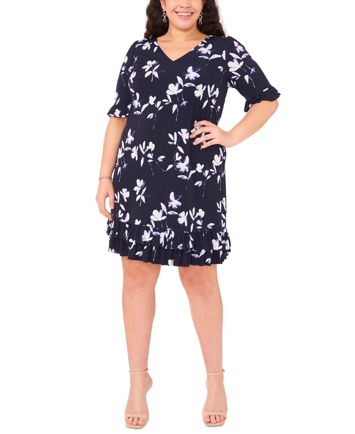 Shop Msk Plus Size Printed 3/4-sleeve Flounce Trim Dress In Navy,white