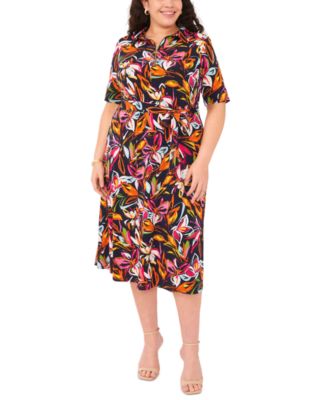 MSK - Plus Size Printed Collared V-Neck Midi Dress