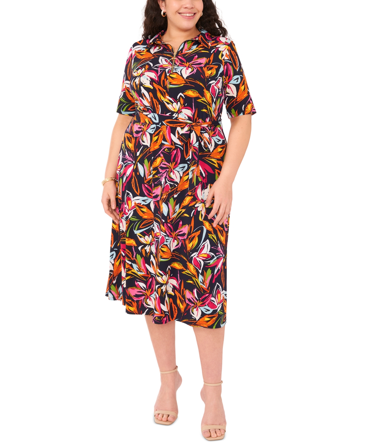 Plus Size Printed Collared V-Neck Midi Dress - Navy/pink/gold