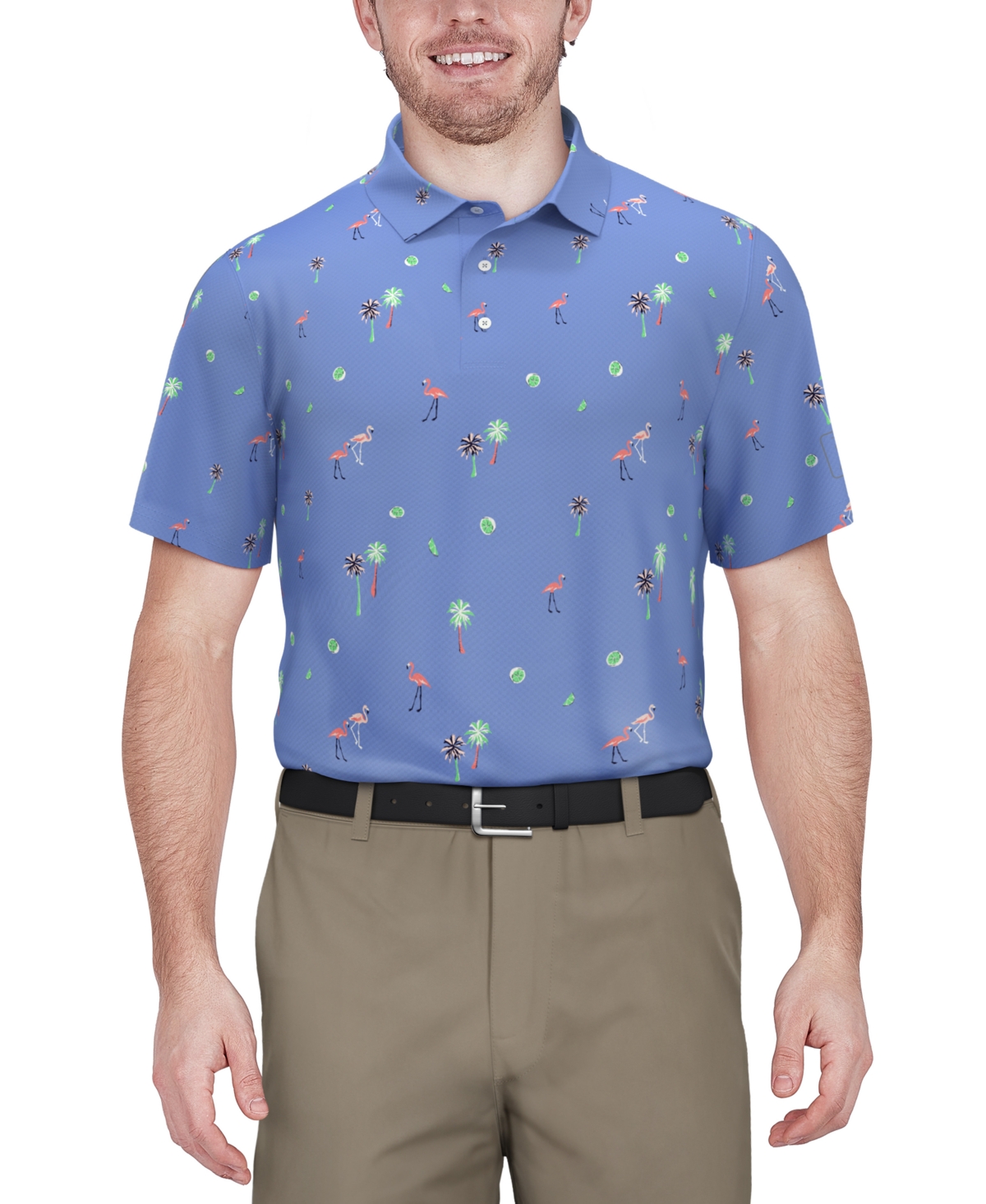 Men's Flamingo Print Short Sleeve Golf Polo Shirt - Della Robbia Blue