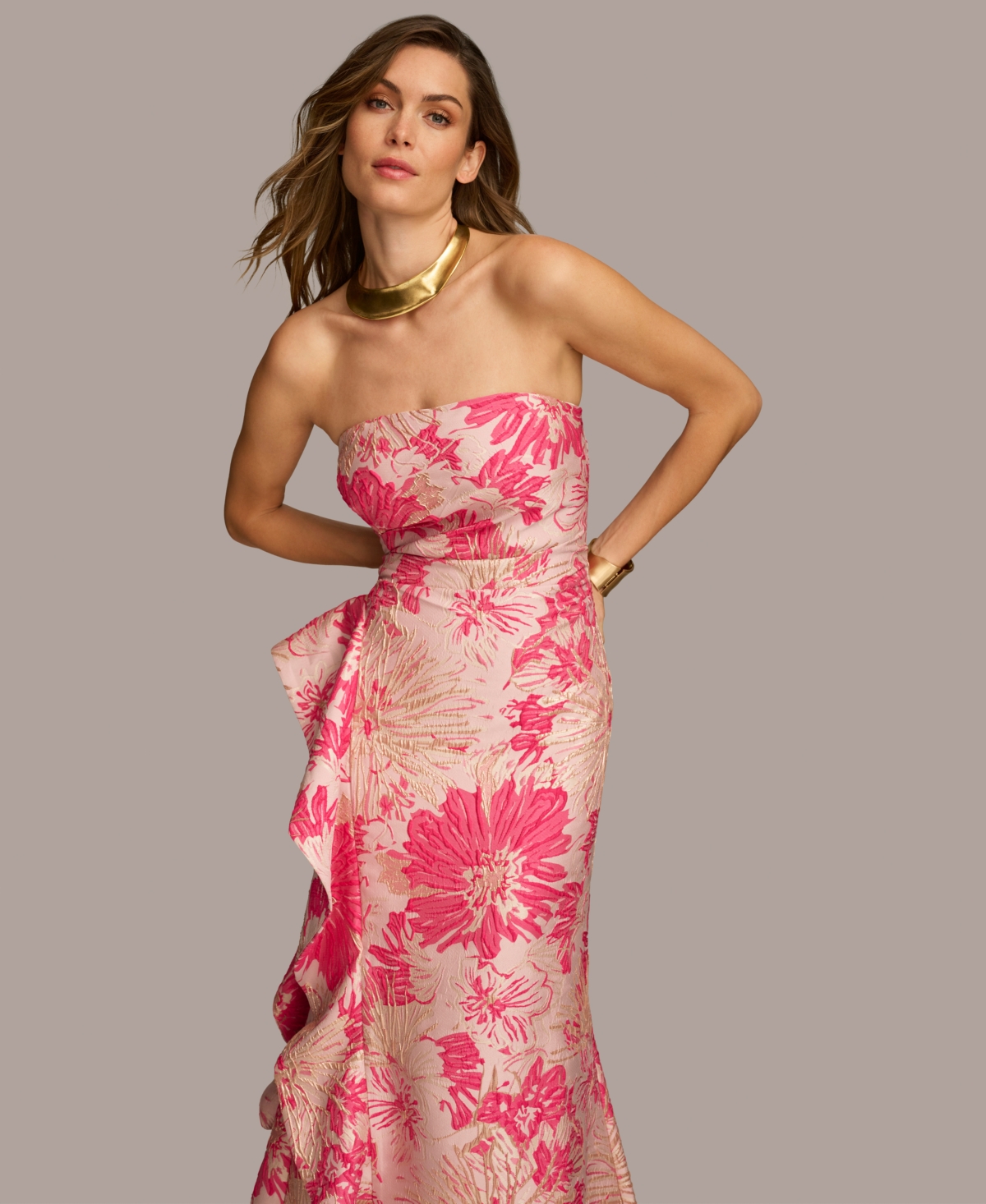 Donna Karan New York Women's Floral-Jacquard Ruffled Strapless Gown
