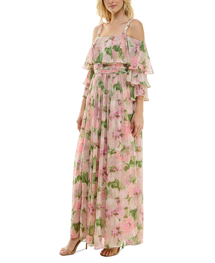 Digital Printed Party Gown With Cold Shoulder Sleeves