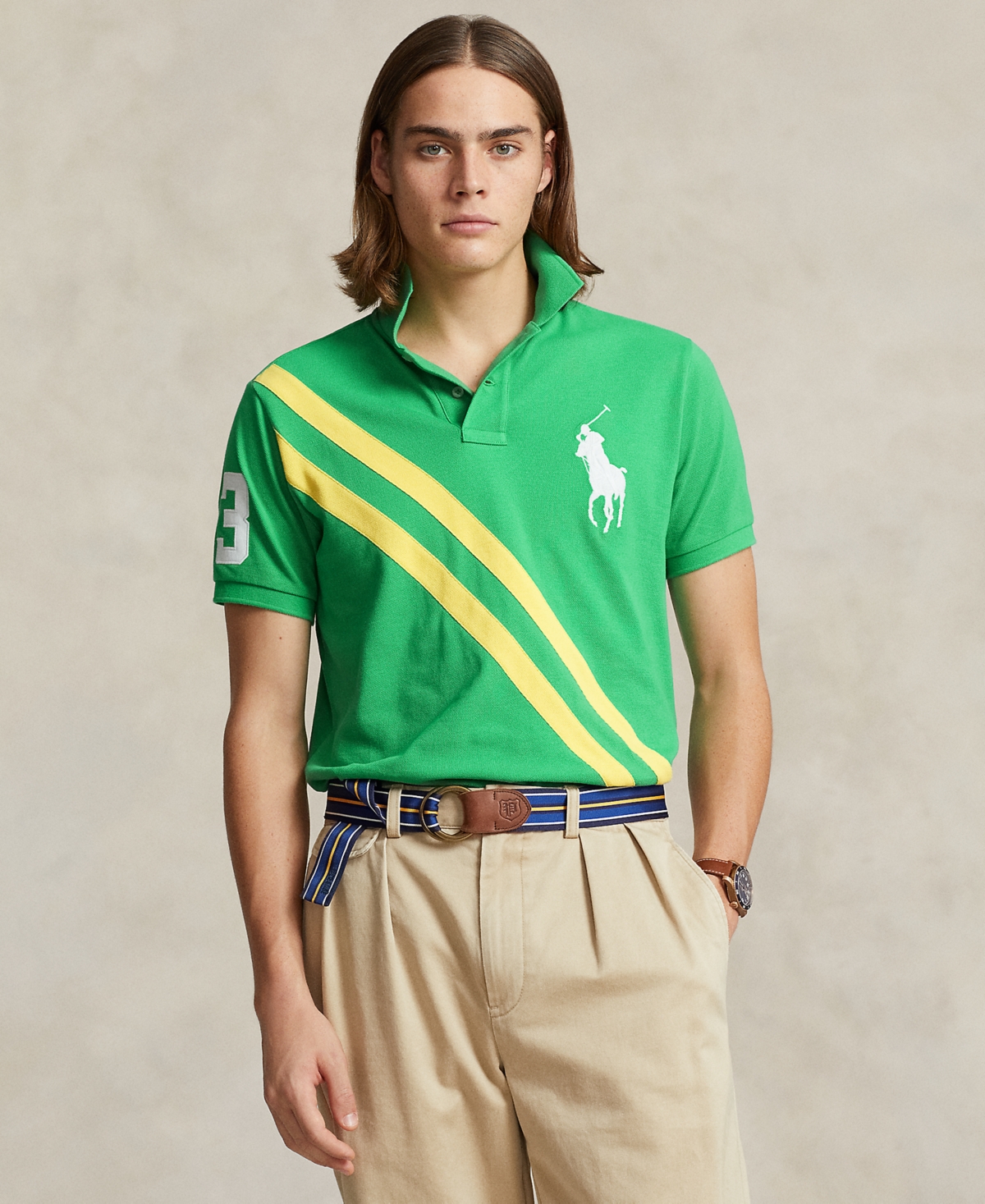 Polo Ralph Lauren Men's Custom Slim Fit Big Pony Mesh Polo Shirt In Tiller Green,oasis Yellow
