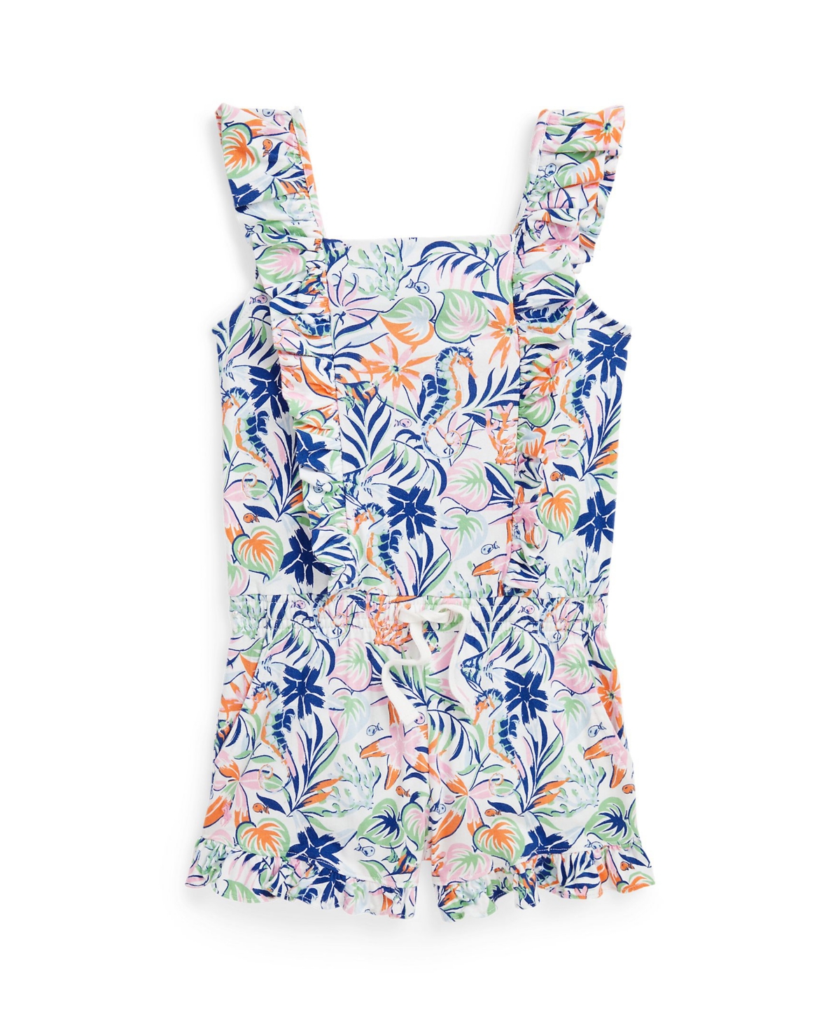 Polo Ralph Lauren Kids' Toddler And Little Girls Tropical-print Ruffled Cotton Romper In Sea Create Tropi With Sweet Lilac