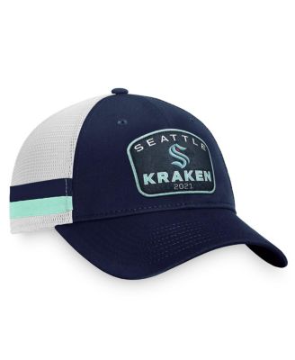 Men's Deep Sea Blue, White Seattle Kraken Fundamental Striped Trucker Adjustable Hat