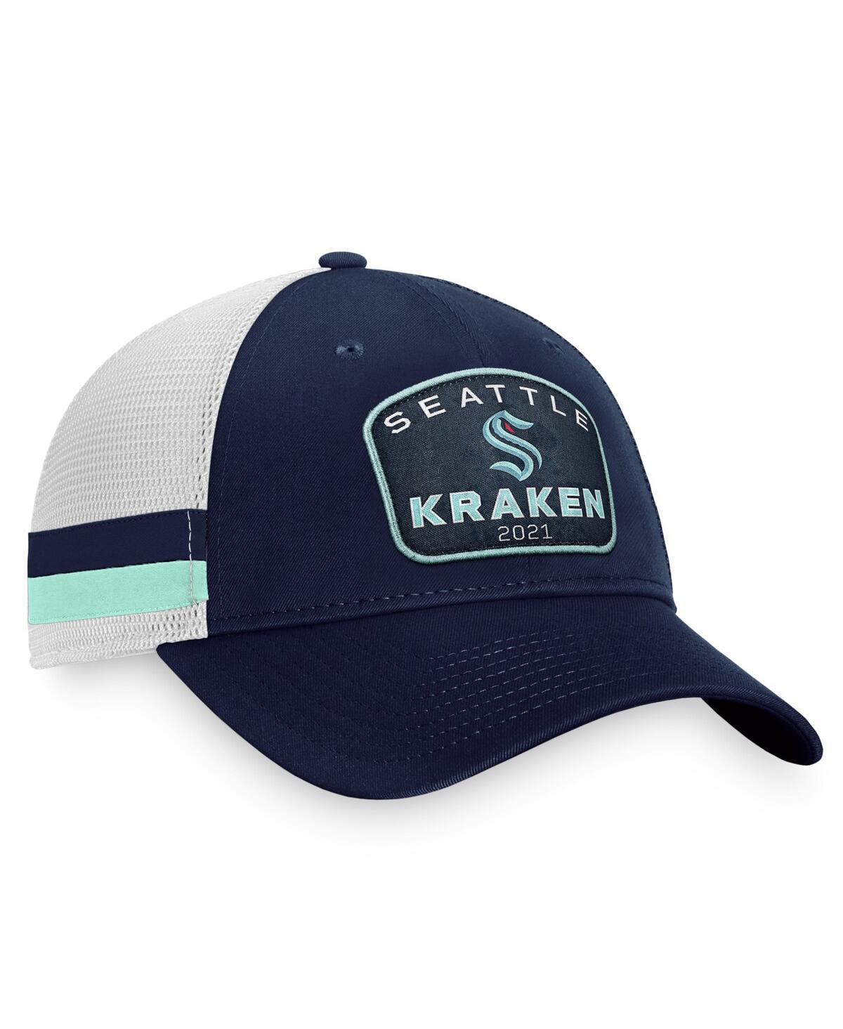 FANATICS MEN'S FANATICS DEEP SEA BLUE, WHITE SEATTLE KRAKEN FUNDAMENTAL STRIPED TRUCKER ADJUSTABLE HAT
