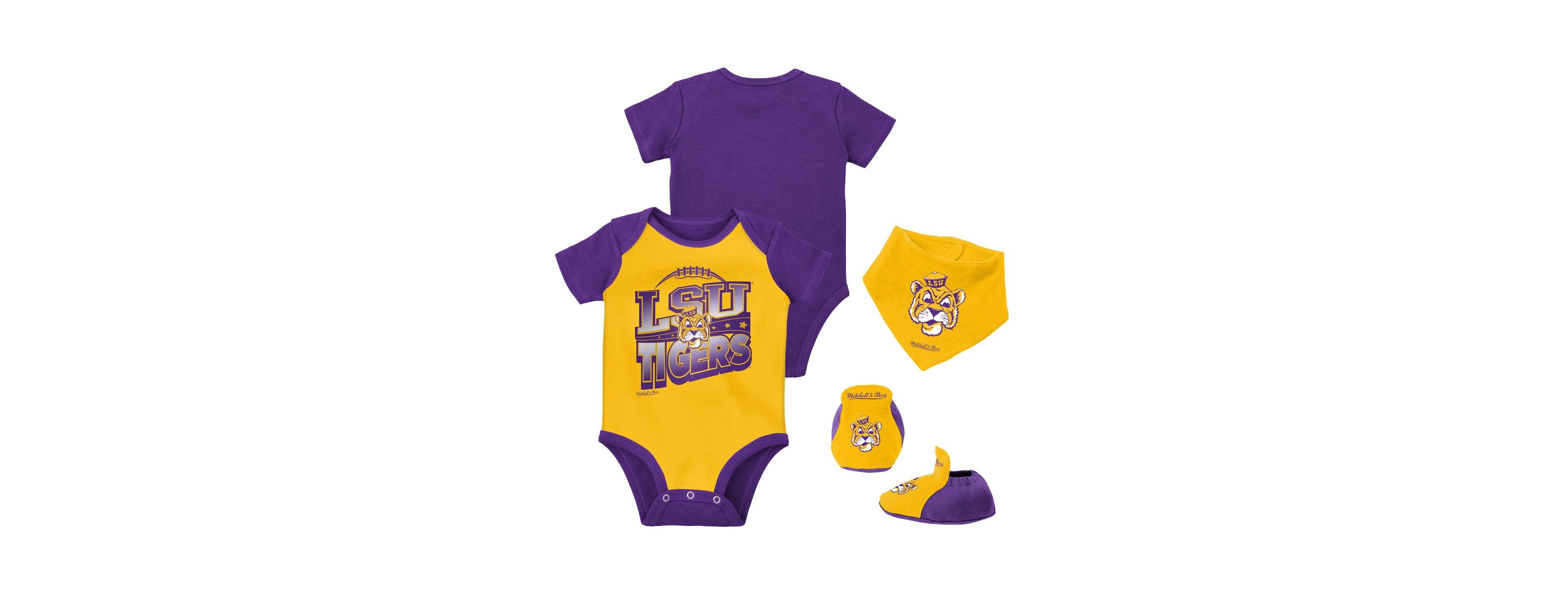 Baby Boys and Girls Mitchell & Ness Purple, Gold Lsu Tigers 3-Pack Bodysuit, Bib and Bootie Set