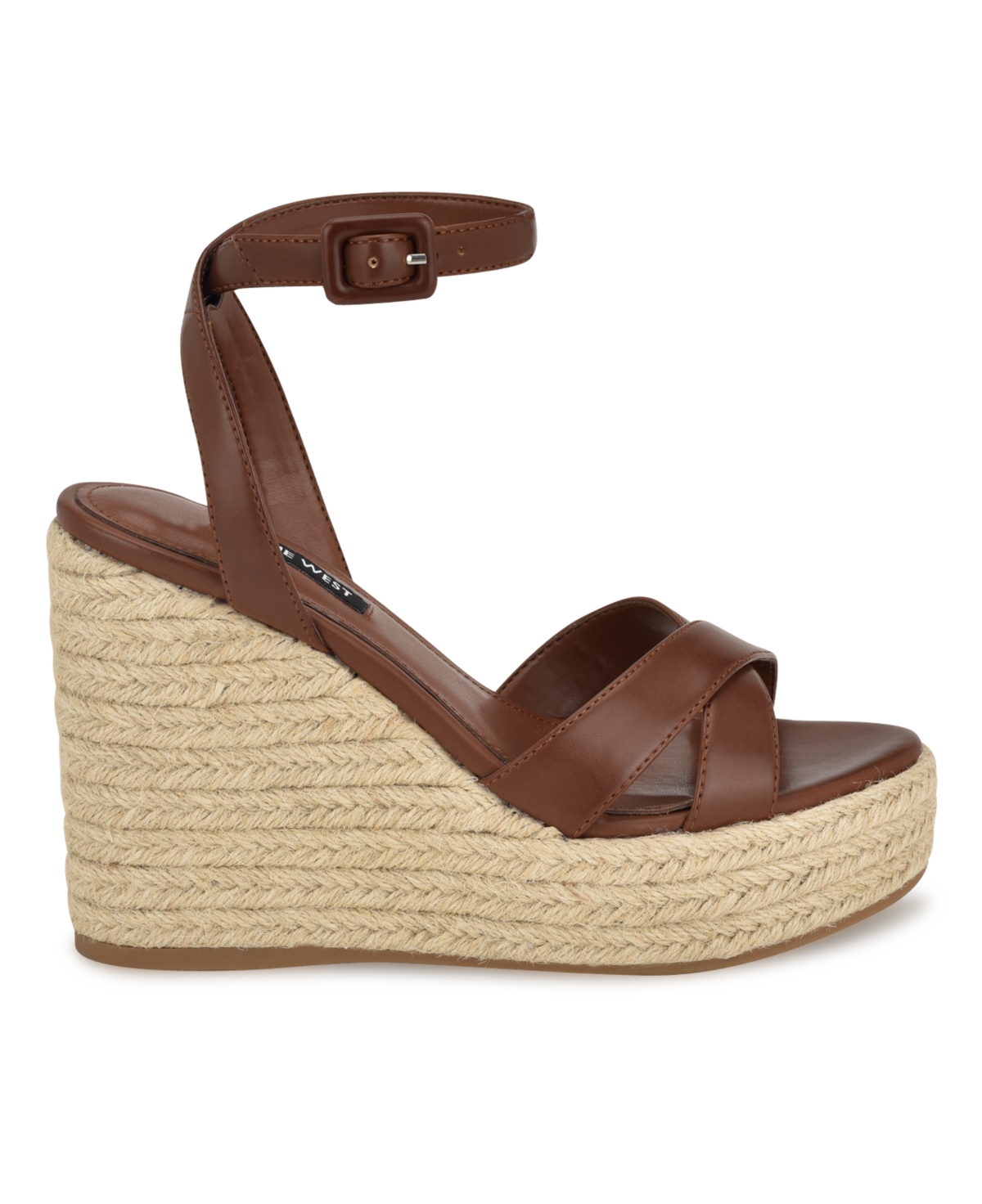 Nine West Women's Earnit Round Toe Ankle Strap Wedge Sandals - Dark Brown - Faux Leather