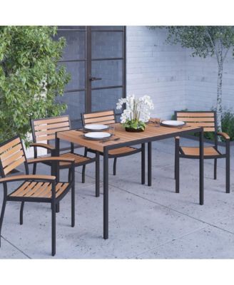 Chara 5 Piece Outdoor Synthetic Teak Poly Slat Table & Chairs Set - Steel Framed Table With Umbrella Hole & 4 Club Chairs