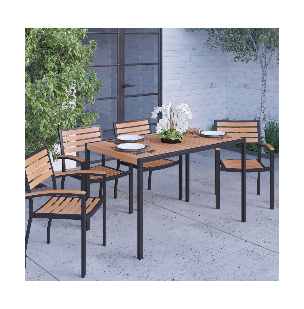 Chara 5 Piece Outdoor Synthetic Teak Poly Slat Table & Chairs Set - Steel Framed Table With Umbrella Hole & 4 Club Chairs