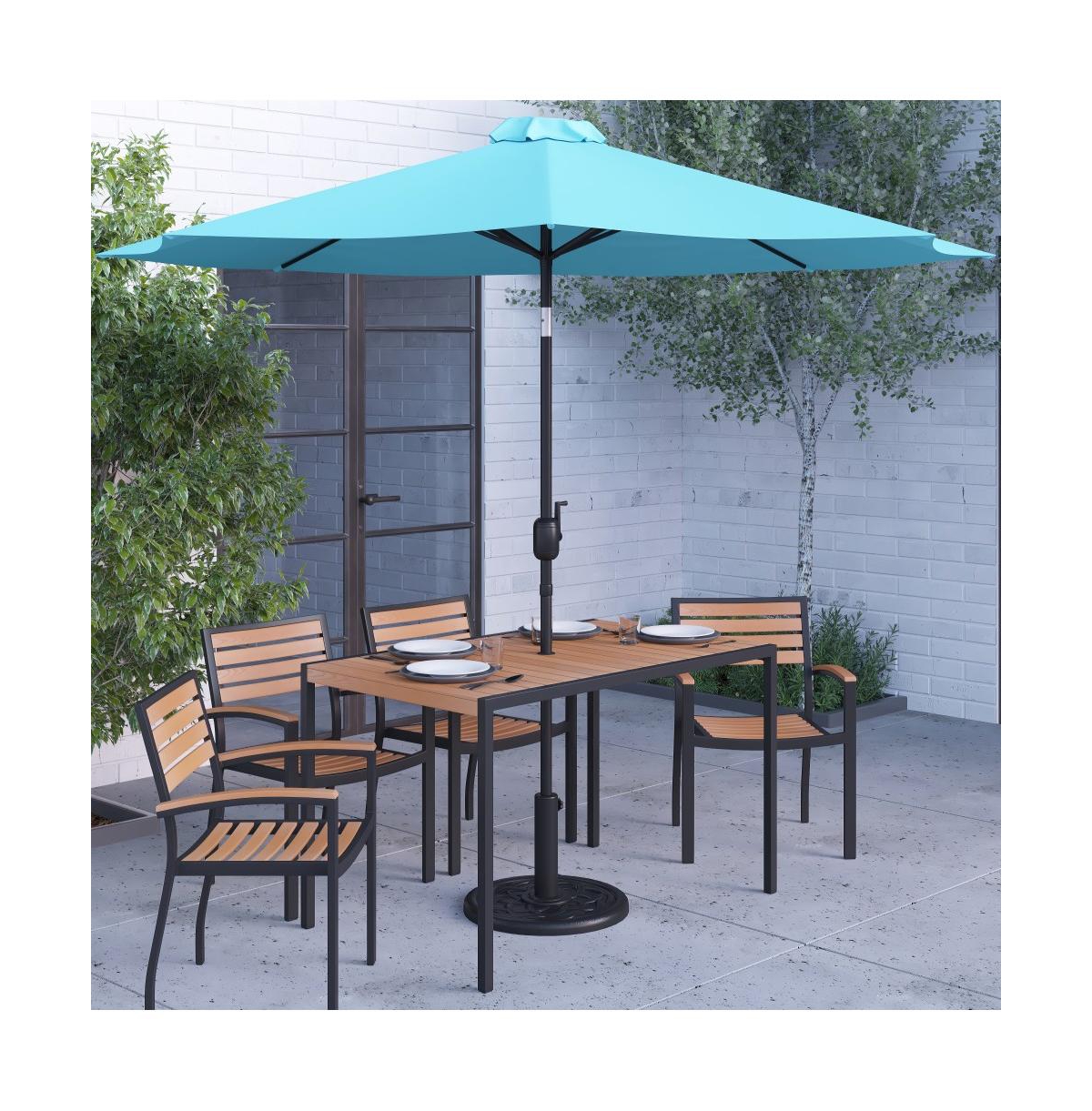 Chara 7 Piece Dining Set With Umbrella & Base - Steel Framed Table With Umbrella Hole & 4 Club Chairs