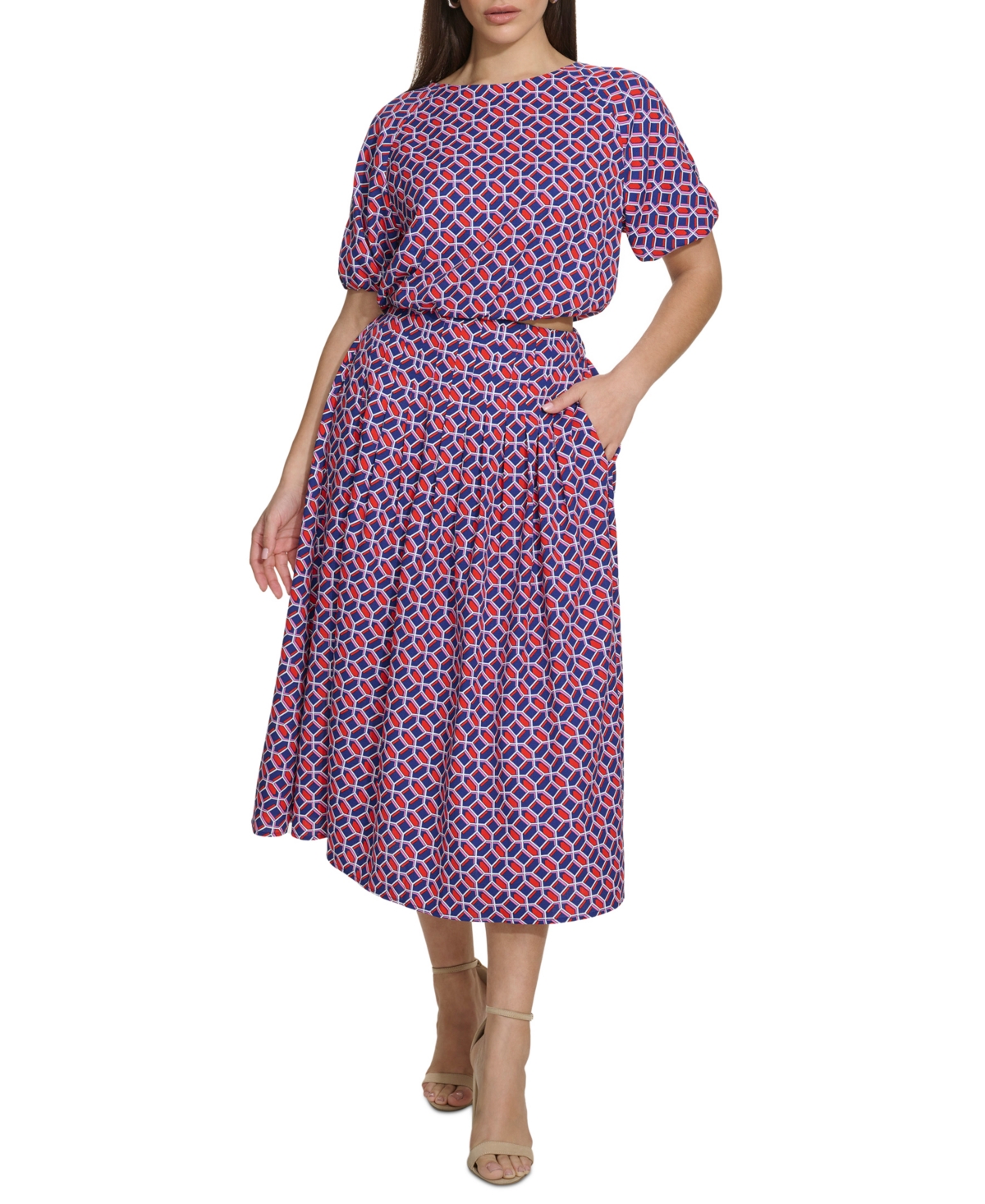 Women's Geo-Print Puff-Sleeve Midi 2-Pc. Dress - Geomtrc Co