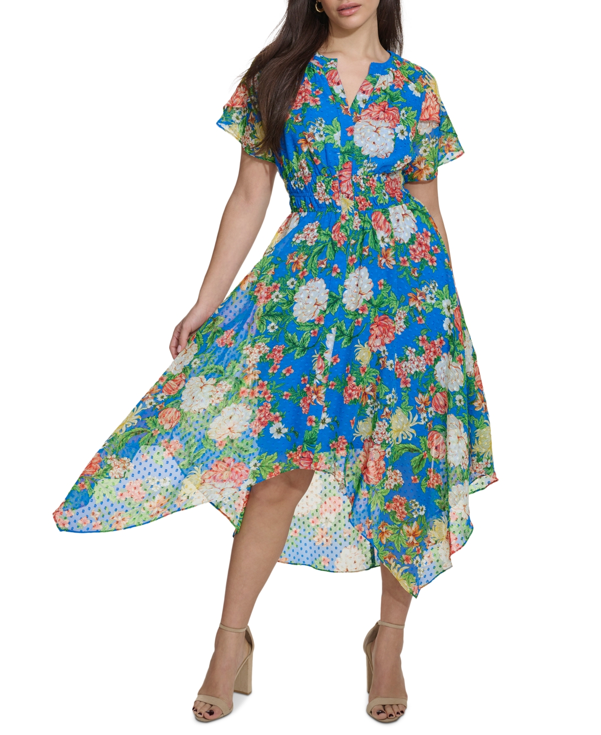 Shop Kensie Women's Floral-print Clip-dot Midi Dress In Cobalt Multi