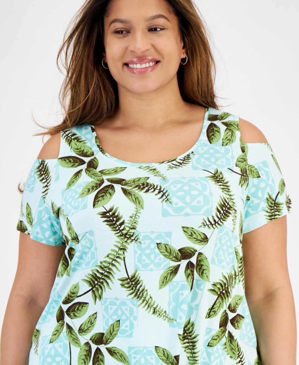 Jm Collection Plus Size Tropical Maze Cold-Shoulder Top, Created for Macy's