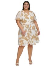 SHEIN Modely Plus Gold Print Puff Sleeve Overlay Formal Dress