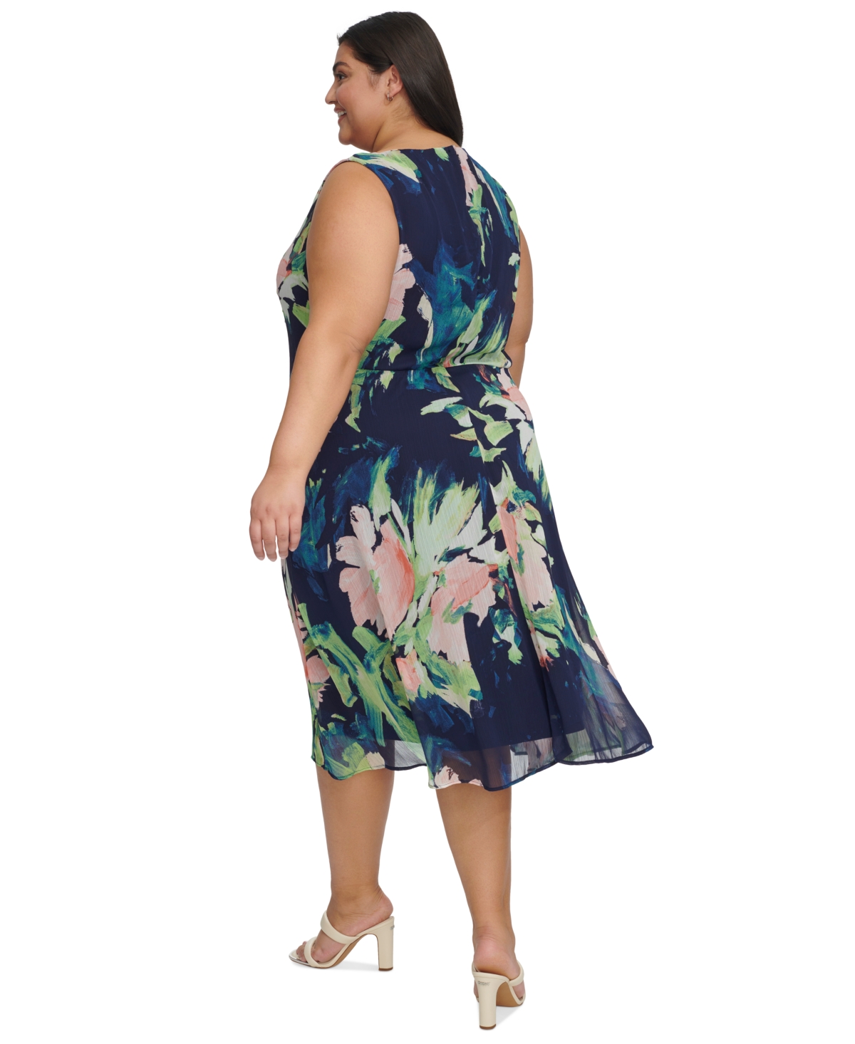 Shop Dkny Plus Size Printed Side-ruched Sleeveless Chiffon Dress In Navy Multi