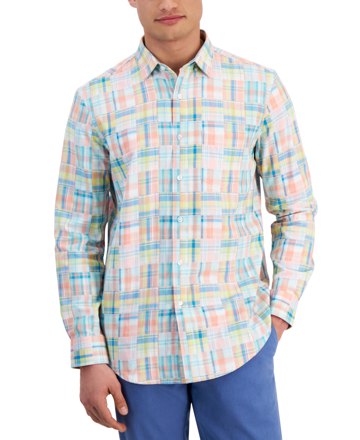 Men's Madras Plaid Long Sleeve Button-Front Shirt, Created for Macy's - Multi
