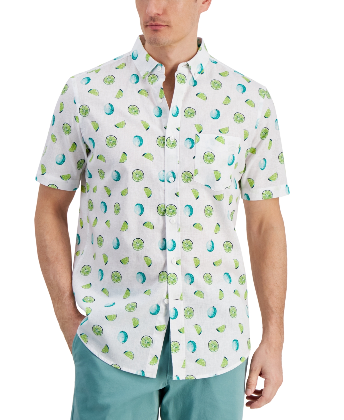 Men's Lime Print Short-Sleeve Shirt, Created for Macy's - Bright White