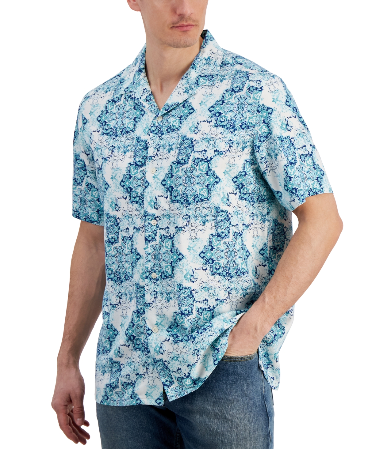 Shop Club Room Men's Medallion-print Camp-collar Resort Shirt, Created For Macy's In Gentle Lagoon