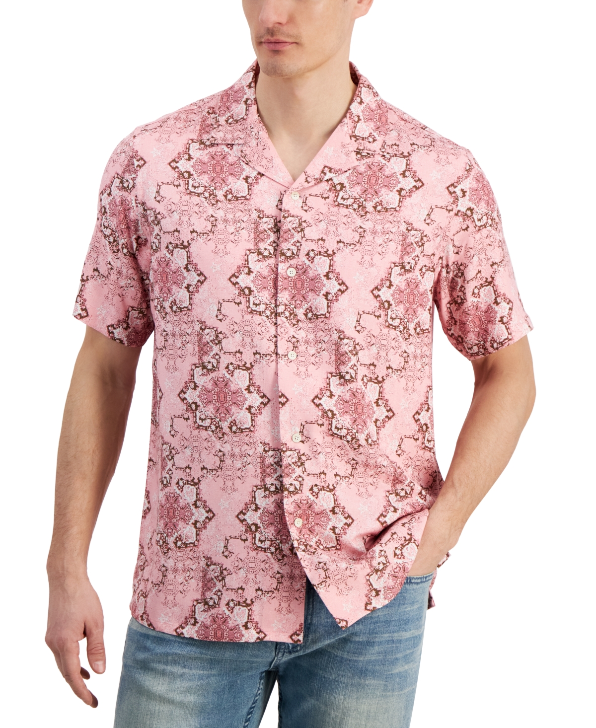 Shop Club Room Men's Medallion-print Camp-collar Resort Shirt, Created For Macy's In Peony Cupcake