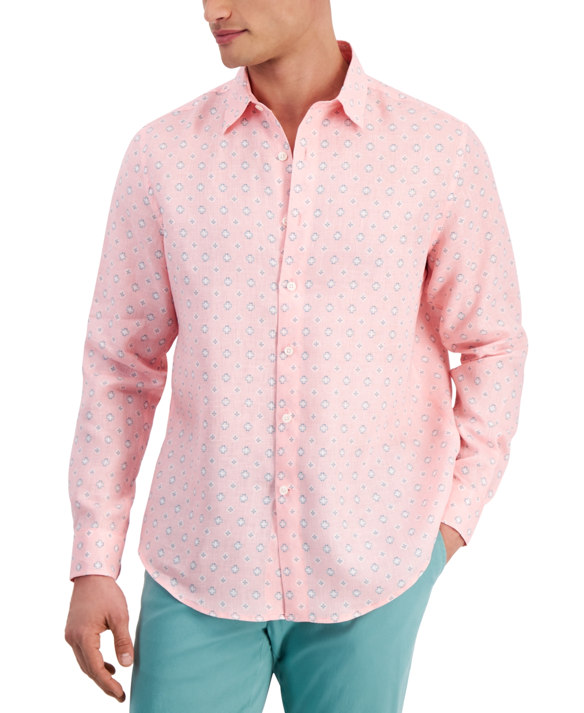 Shop Club Room Men's Quincy Medallion-print Linen Shirt, Created For Macy's In Pink Streak
