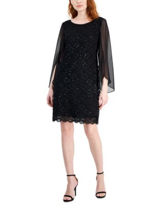 Petite Round Neck Long Cape Sleeve Lace Dress