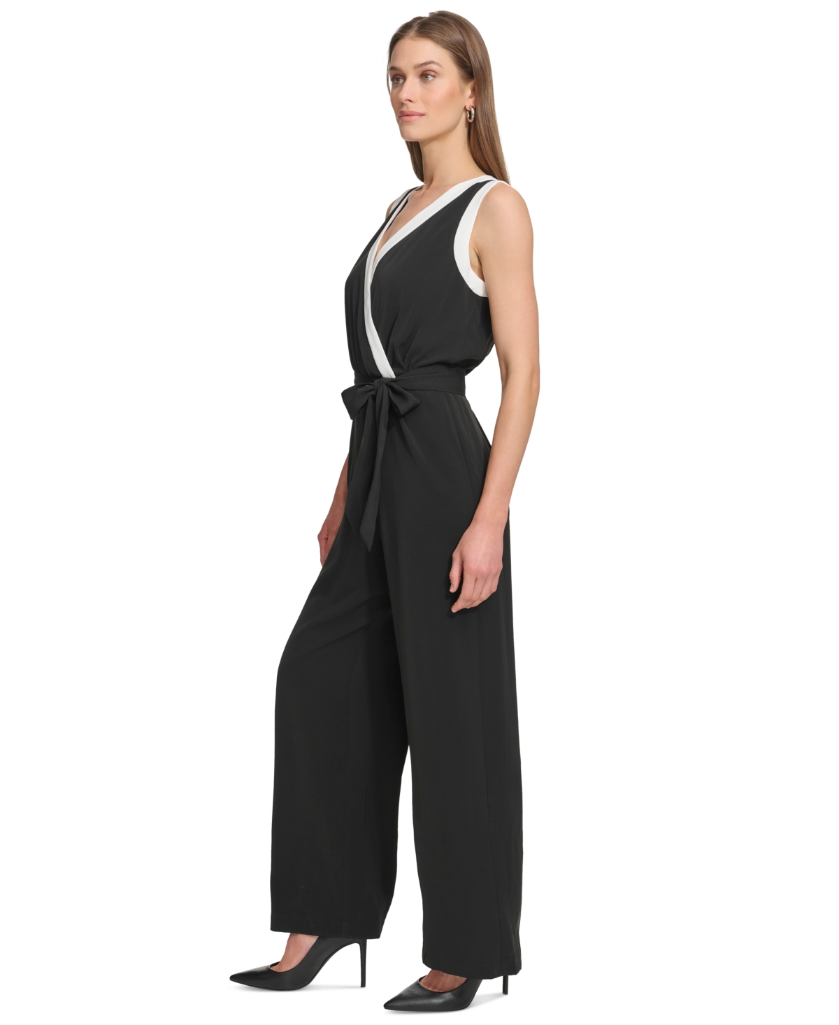 Shop Dkny Women's V-neck Sleeveless Tie-waist Jumpsuit In Black,cream