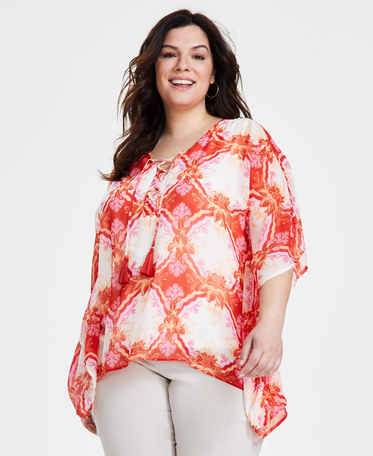 Plus Size Lacey Lush Lace-Up Poncho, Created for Macy's - Pumpkin Seed Combo