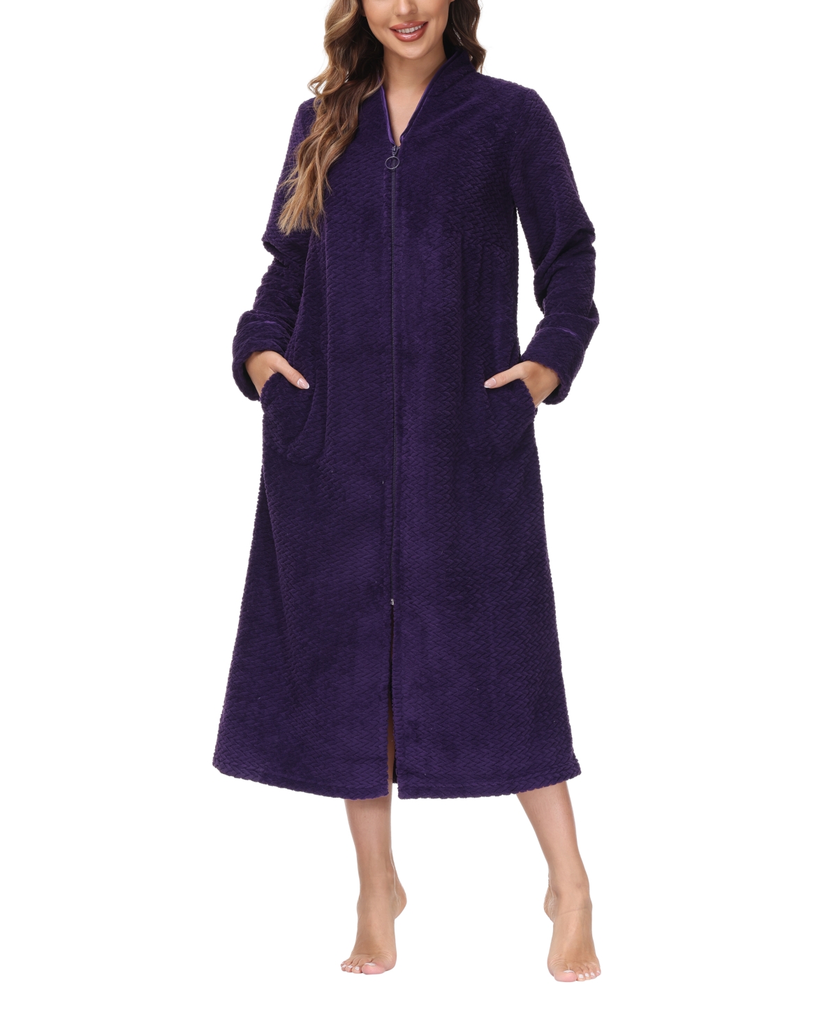 Women's Front Zipper Plush Robe - Rich Concord