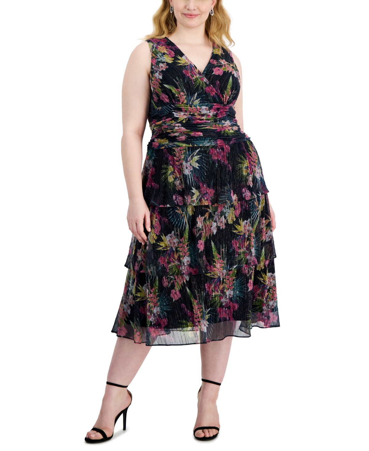 Plus Size Floral-Print Crinkled Midi Dress - Black Multi