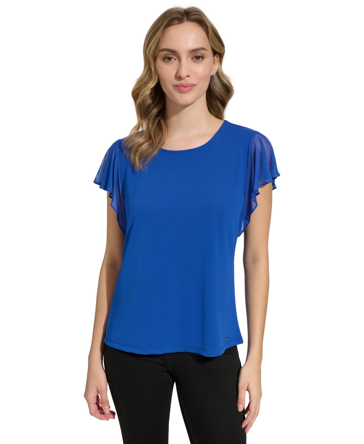 Shop Calvin Klein Women's Mesh Sleeve Top In Klein Blue
