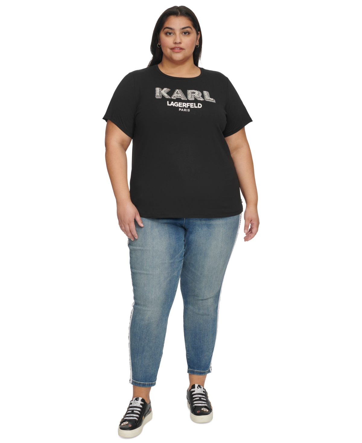 Karl Lagerfeld Paris Plus Size Imitation-Pearl-Logo Short-Sleeve Top, First@Macy's -Silver