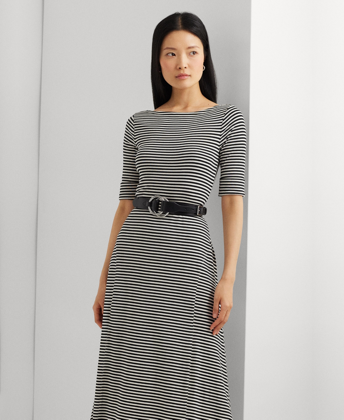 Shop Lauren Ralph Lauren Women's Striped Stretch Cotton Midi Dress In Black,mascarpone Cream