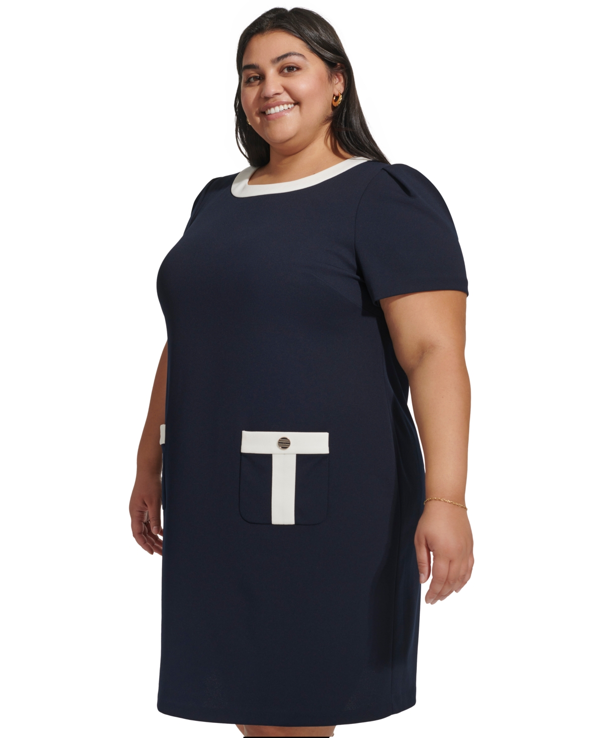 Shop Tommy Hilfiger Plus Size Contrast-trim Shift Dress In Sky Capt,i