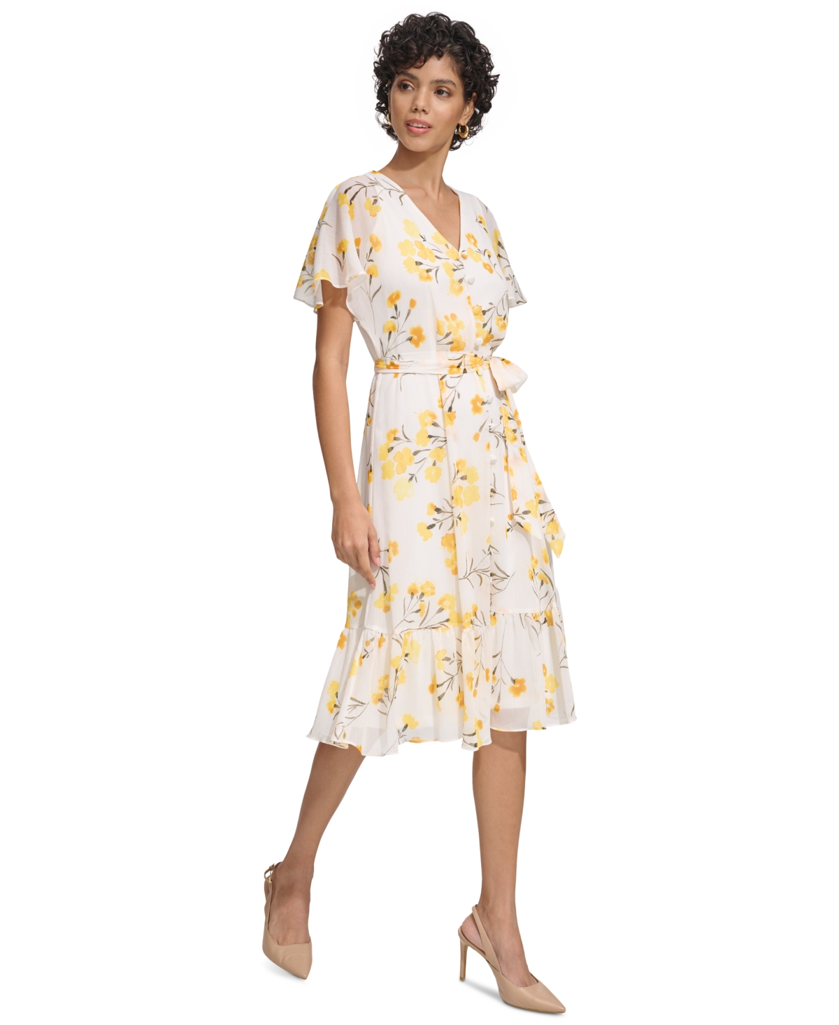 Shop Calvin Klein Women's Textured Chiffon Ruffle-hem Dress In Golden Mul