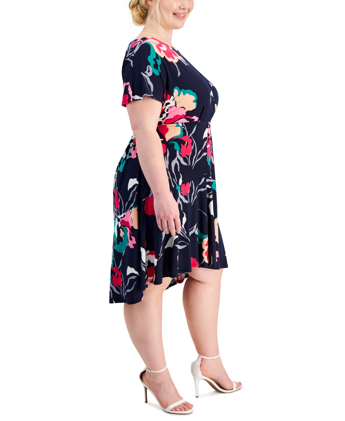 Shop Robbie Bee Plus Size Printed Tied-side Fit & Flare Dress In Navy,pink
